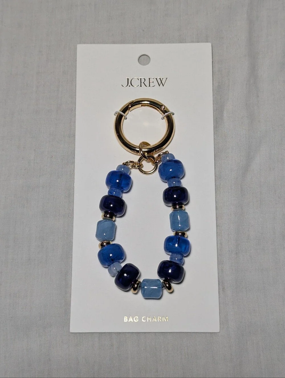 NWT J. Crew Chunky Beaded Bag Charm Gold Ring Blue Glass Beads (ONE SIZE)